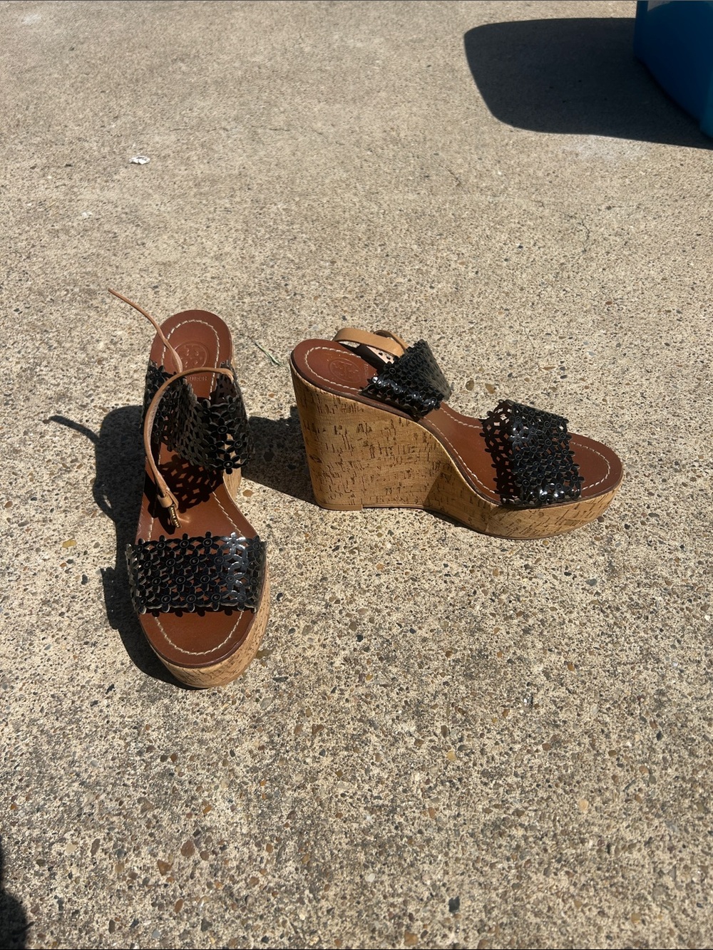 Tory Burch Black Laser-Cut Leather Cork Wedge Sandals